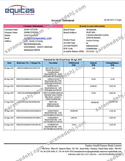 India Equitas Small Finance Bank account statement Word and PDF template